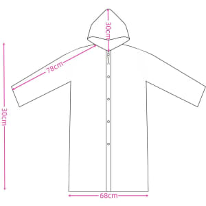 A grey raincoat with a hood, featuring a button closure and long sleeves, with dimensions indicated.
