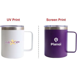 A coloured stainless steel mug in white with UV print and a purple mug with screen print, both featuring logos.