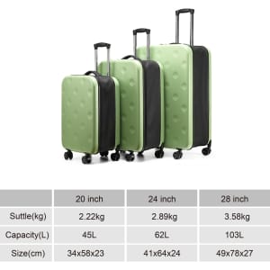 A set of green collapsible suitcases in three sizes with black accents and wheels. One suitcase features a logo.