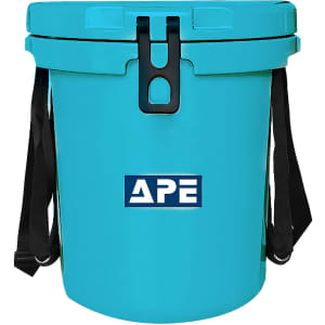 A turquoise ice bucket with a handy rope and a logo on the front.