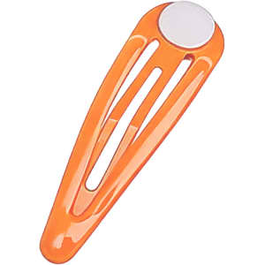 An orange hair clip with a circular top, featuring a shiny finish. The clip has an elongated, slim design and a logo.