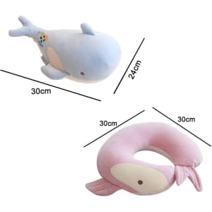 A whale-shaped travel pillow in blue and pink, suitable for both comfort and fun. Measures 30cm by 24cm.