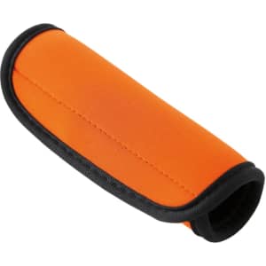 An orange neoprene luggage grip with a black trim, featuring a sleek, padded design.