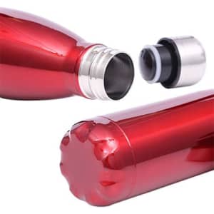 A drink bottle in bright red stainless steel with a double wall design and a detachable lid.