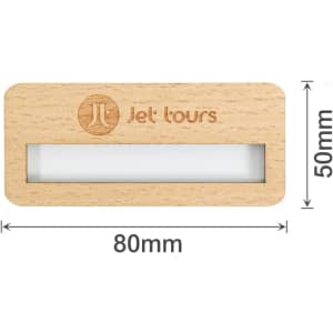 A reusable wooden name badge in natural wood finish with a clear insert, featuring a logo. Dimensions are 80mm by 50mm.