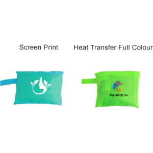 Two mesh beach toy bags in aqua and neon green, featuring different printing styles and a logo on each.