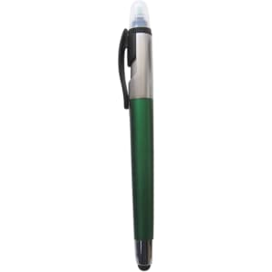 A green ball pen with a highlighter feature and a silver clip. It has a stylus tip at the end.