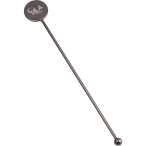 A stainless steel cocktail drink stirrer in silver, featuring a round top and a ball end, with a logo.