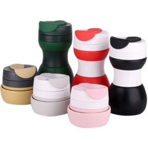 A drink bottle set featuring collapsible silicone coffee cups in green, red, white, black, grey, pink, and beige, with various lids.