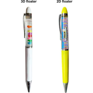 Two floating pens: one with a white body and colourful 3D floating design, and another in yellow with a 2D floating design.