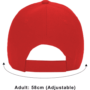 A red adjustable cap with a six-panel design and a snapback closure at the back. It features a logo.