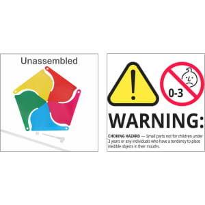 A five-leaf pinwheel in bright yellow, pink, blue, and green colours, unassembled with a warning label about small parts.