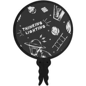 A black foldable fan featuring white graphic illustrations and a logo.