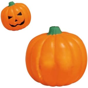 A bright orange pumpkin stress reliever with a smiling face and a green stem, featuring a contrasting black design.