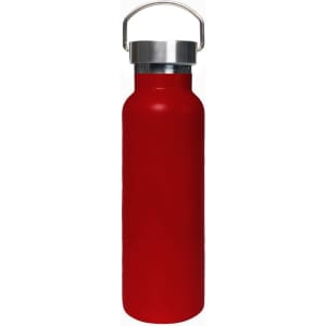A drink bottle in bright red with a stainless steel lid and a handle for easy carrying.