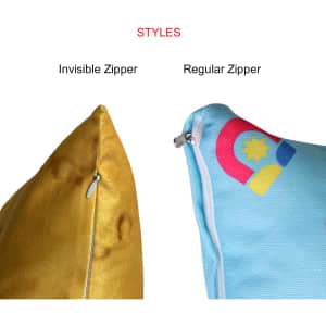Two square cushions displayed side by side, one in gold with an invisible zipper and another in blue with a regular zipper.