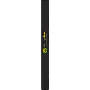 A grey-lead pencil in black with a branding logo on its side.
