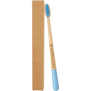 A large conical handle toothbrush with a blue handle and a wooden body, beside a simple brown packaging box.