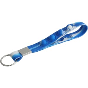 A blue Popper Stress Reliever Keyring featuring a smooth strap and multiple popping buttons, attached to a metal keyring.