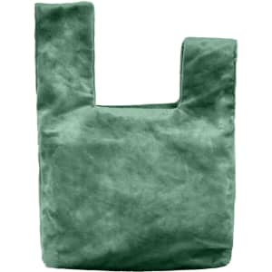 A green velvet wrist bag with a unique knot design and a simple, minimalistic shape. It features a logo.