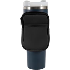 A drink bottle pouch in black, designed to fit a Stanley water bottle, featuring a zippered pocket.