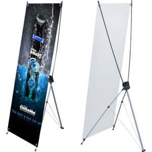 A medium X-frame banner featuring a blue and black design, displaying a bottle with a logo and water splash effects.