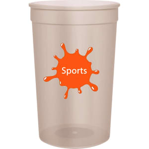 A translucent plastic stadium cup in beige with a logo featuring an orange splash and the word "Sports."