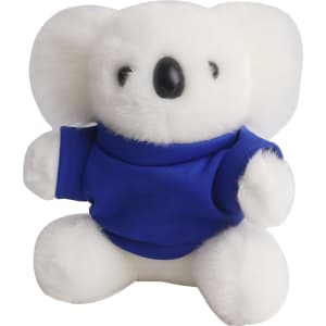 A fluffy white koala plush toy wearing a blue outfit, featuring a small black nose and large ears.