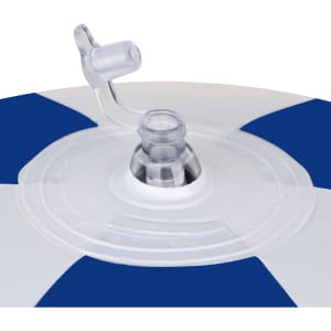 An inflatable beach ball featuring blue and white segments, with a transparent valve for inflation.