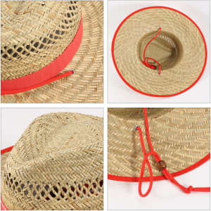 A natural straw hat with a red band and adjustable chin strap, featuring a woven pattern and circular shape.