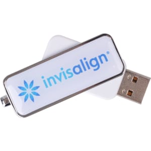 A silver and white flash drive featuring a logo, with a glossy surface and a removable USB connector.