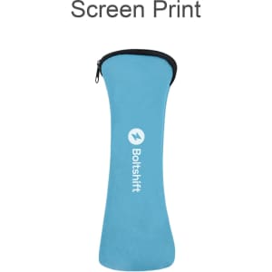 A blue travel cutlery set pouch with a zip closure and a logo. It has a sleek, curved design.