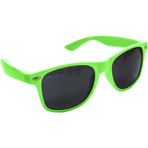Bright green classic sunglasses with dark lenses, featuring a logo on the side.