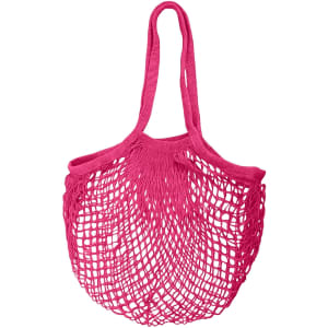 A pink mesh grocery bag with a netted design and two handles. It features a simple branding logo.