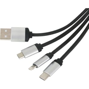 A round-shaped, light-up charging cable in black and silver with multiple connectors for various devices.
