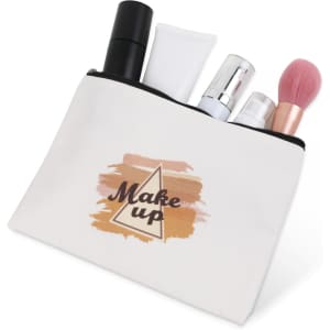 A rectangular canvas cosmetic bag in white, containing various beauty products and a brush, featuring a logo.