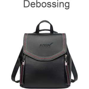 A black convertible leather backpack with decorative stitching and a logo on the front. Features a top handle and adjustable straps.