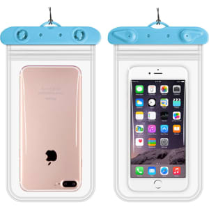 A clear waterproof mobile pouch in blue, showcasing a phone inside from both front and back views.