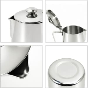 A stainless steel milk frothing pitcher with a lid, featuring a shiny finish and a spout, displayed from various angles.