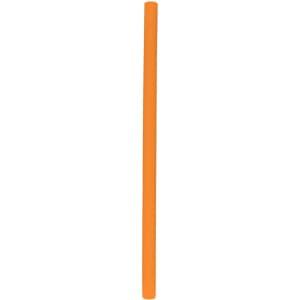 An orange reusable silicone straw with a smooth surface, featuring a small logo on one end.