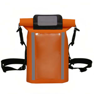 An orange waterproof crossbody handlebar bag features reflective strips and adjustable straps. It has a clear front pocket.