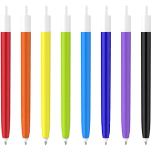 A collection of push button pens featuring colour barrels in red, orange, yellow, green, blue, purple, and black with creamy white caps.