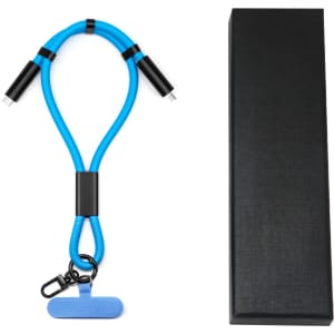 A blue 60W charging phone strap with dual connectors and a keychain attachment, alongside a black box.