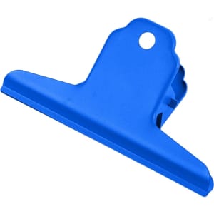 A blue metal binder clip with a distinctive shape and a hole for easy attachment, featuring a logo.