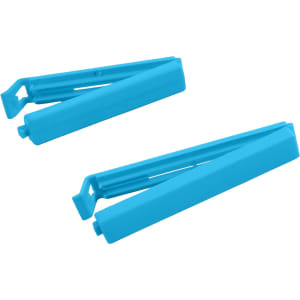 A pair of blue seal clips designed for sealing medium food bags, featuring a simple, functional design.