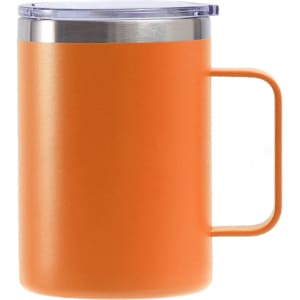 An orange stainless steel cup with a handle and a clear lid, suitable for hot or cold beverages.