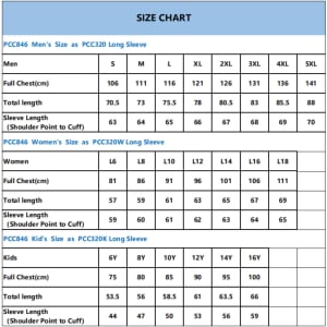 A size chart detailing measurements for men's, women's, and kids' long sleeve shirts, with various size options listed.