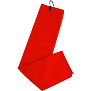 A red waffle golf towel with a hanging loop for easy storage. Ideal for keeping gear clean and dry.