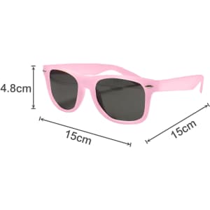 A pair of pink sunglasses with dark lenses, featuring a logo on the frame. Dimensions: 15cm x 4.8cm.
