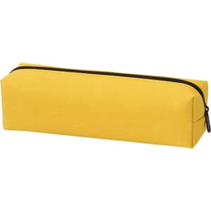 A yellow pencil case with a zip closure, featuring a simple rectangular design and a small logo.